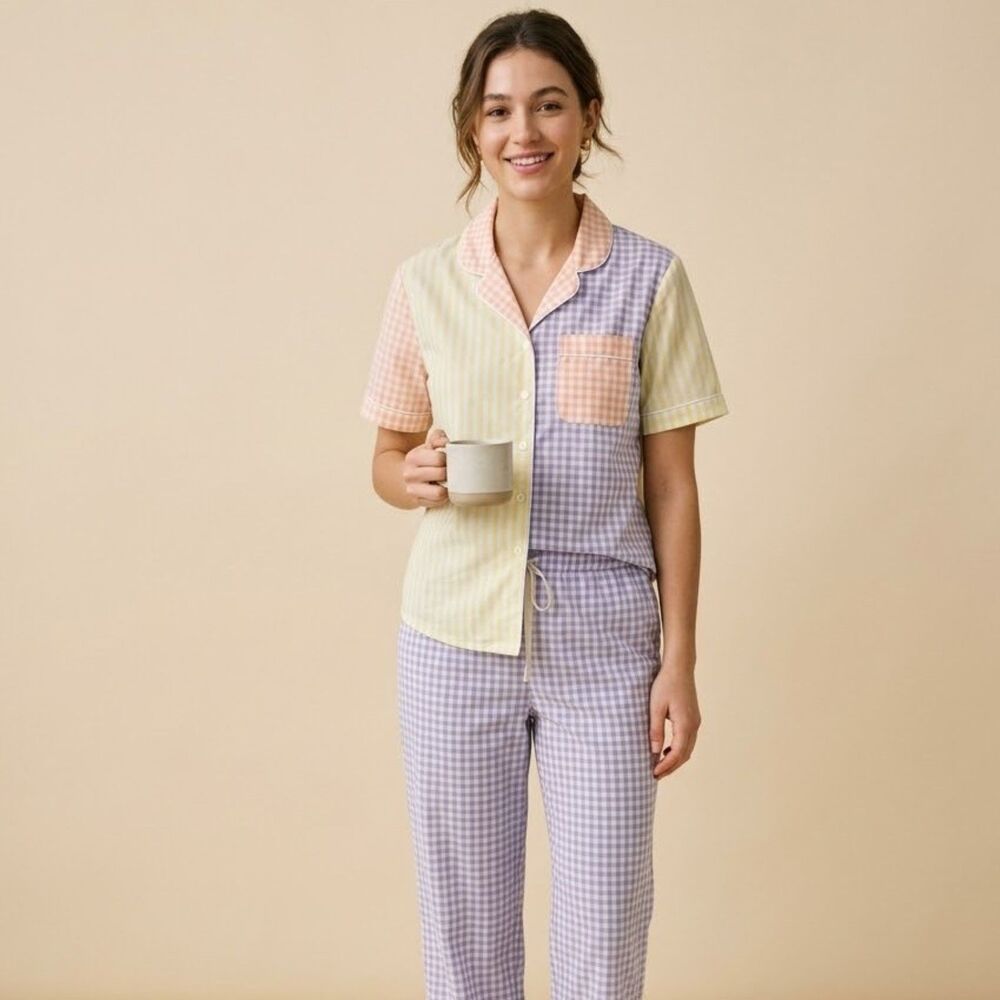 Lands' End PJ Set Sz XS Retro 80s 100% Cotton Colorblock Gingham Pastel Stripe